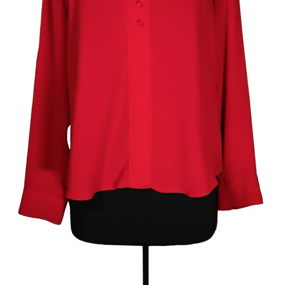 Express Women's Blouse Red V-Neck Roll Tab Long Sleeve Half Button Shirt Top M - Picture 6 of 10